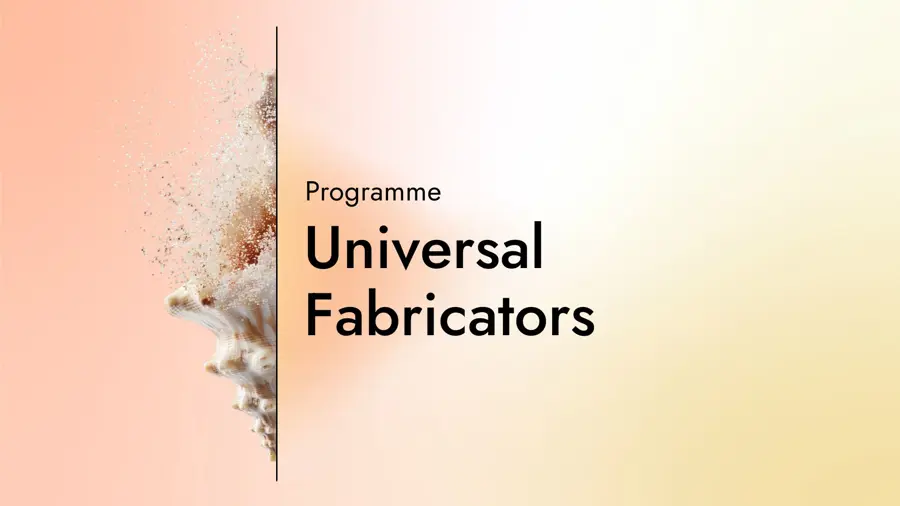 Card with the text "Programme: Universal Fabricators" with a graphic of half a shell on a gradient background