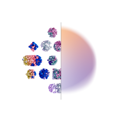 Graphic of several clusters of geometric shapes with an orange and purple gradient making up the other half