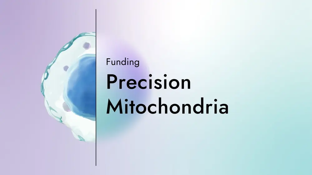 Card with the text "Funding: Precision Mitochondria" with a graphic of half an macrophage on a gradient background