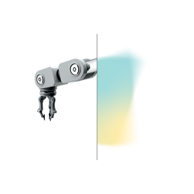 Graphic of a robot arm with a teal and yellow gradient making up the other half